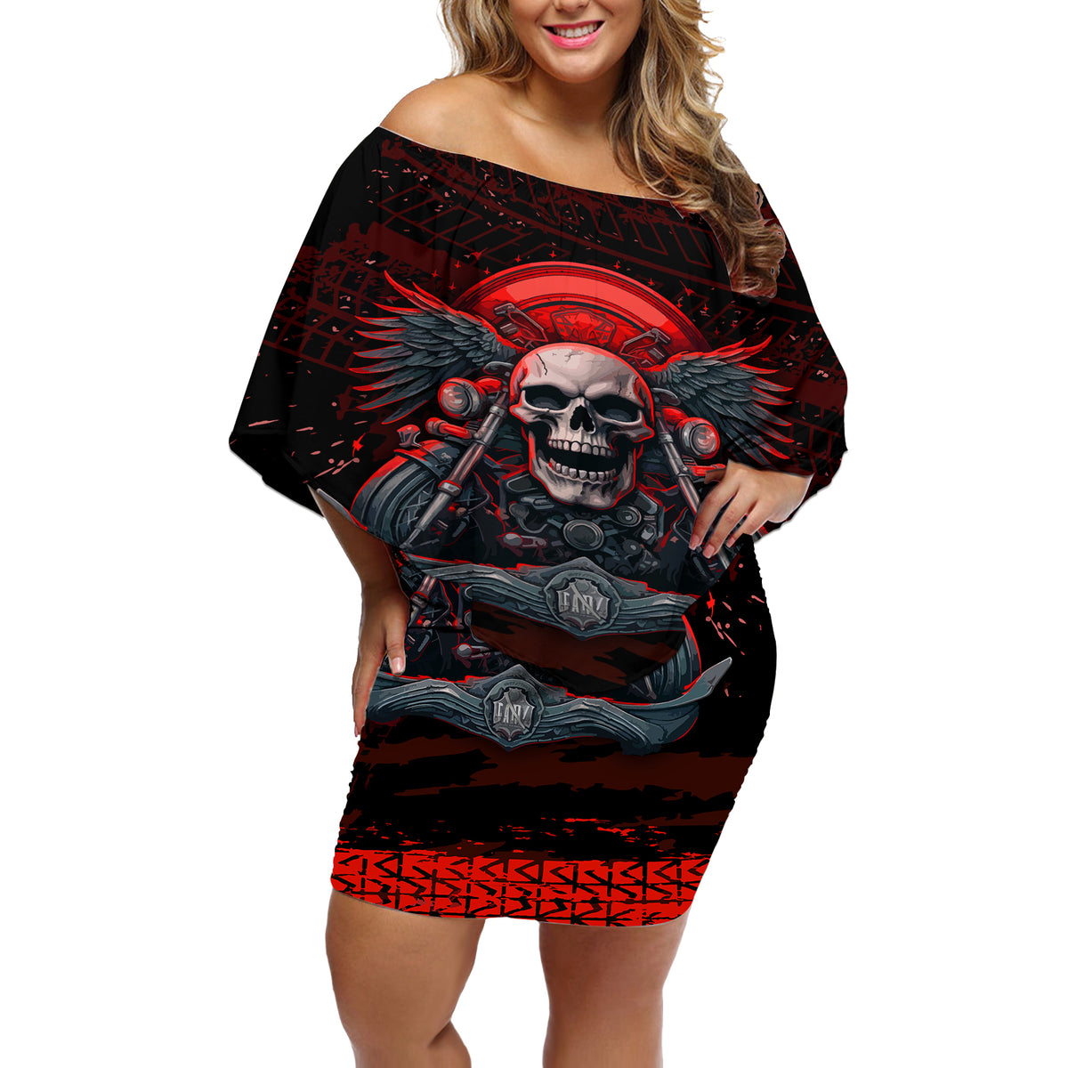Skull Biker Off Shoulder Short Dress Legend Never Die - Wonder Print Shop