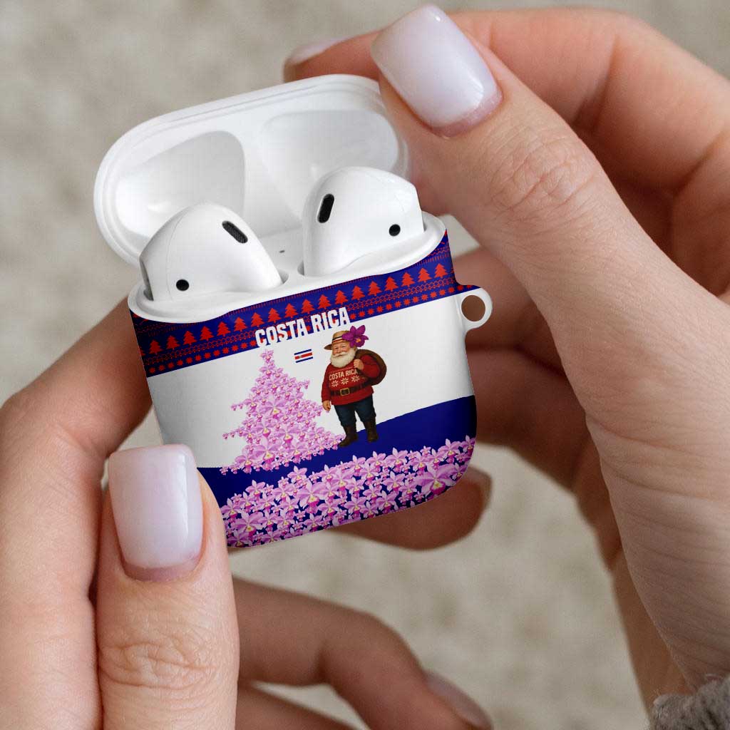 Costa Rica Christmas AirPods Case with Santa Claus Pink Orchid Tree National Emblem and Festive Pattern Design - Wonder Print Shop