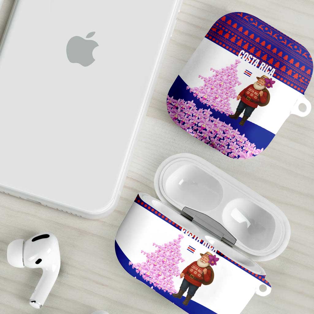 Costa Rica Christmas AirPods Case with Santa Claus Pink Orchid Tree National Emblem and Festive Pattern Design - Wonder Print Shop