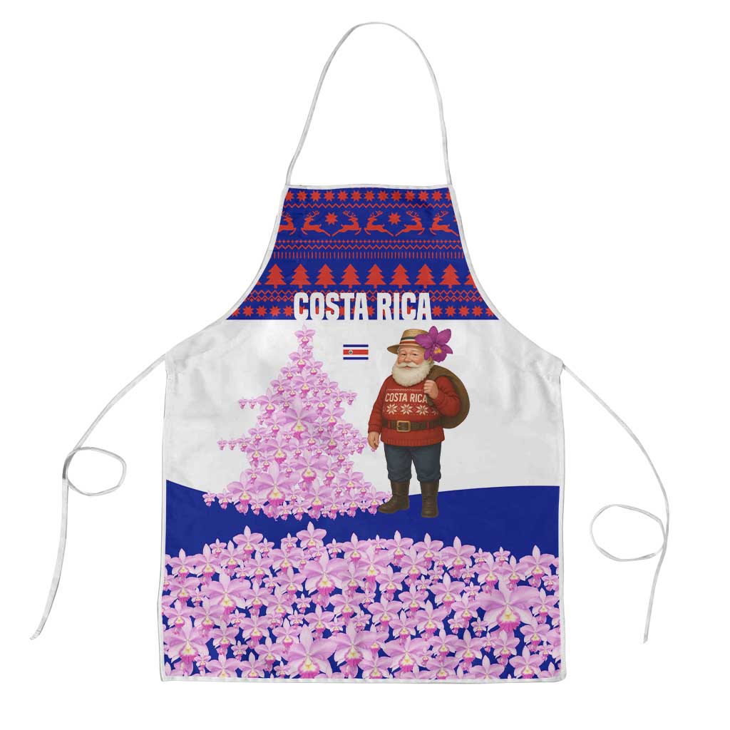 Costa Rica Christmas Apron with Santa Claus Pink Orchid Tree National Emblem and Festive Pattern Design - Wonder Print Shop