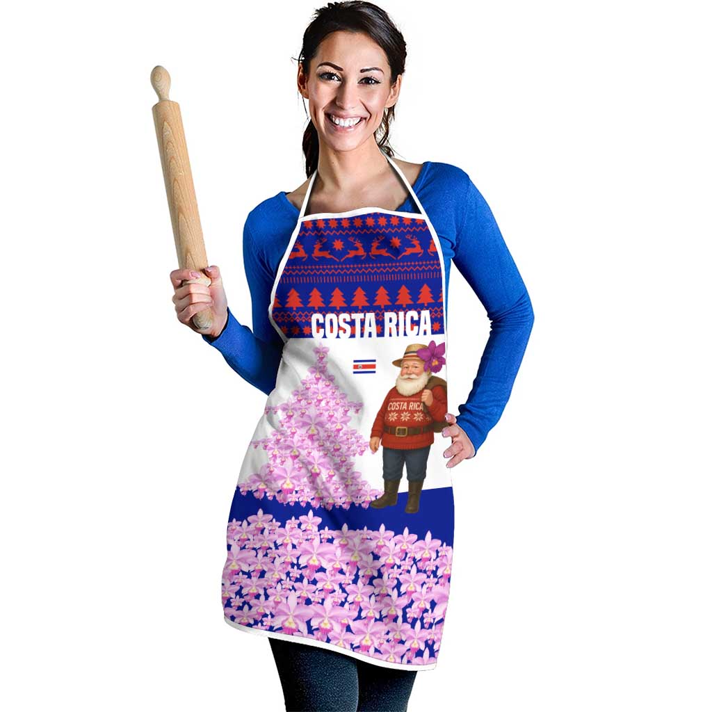 Costa Rica Christmas Apron with Santa Claus Pink Orchid Tree National Emblem and Festive Pattern Design - Wonder Print Shop
