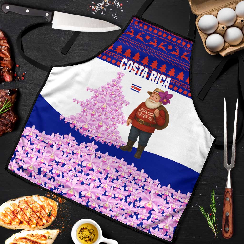 Costa Rica Christmas Apron with Santa Claus Pink Orchid Tree National Emblem and Festive Pattern Design - Wonder Print Shop