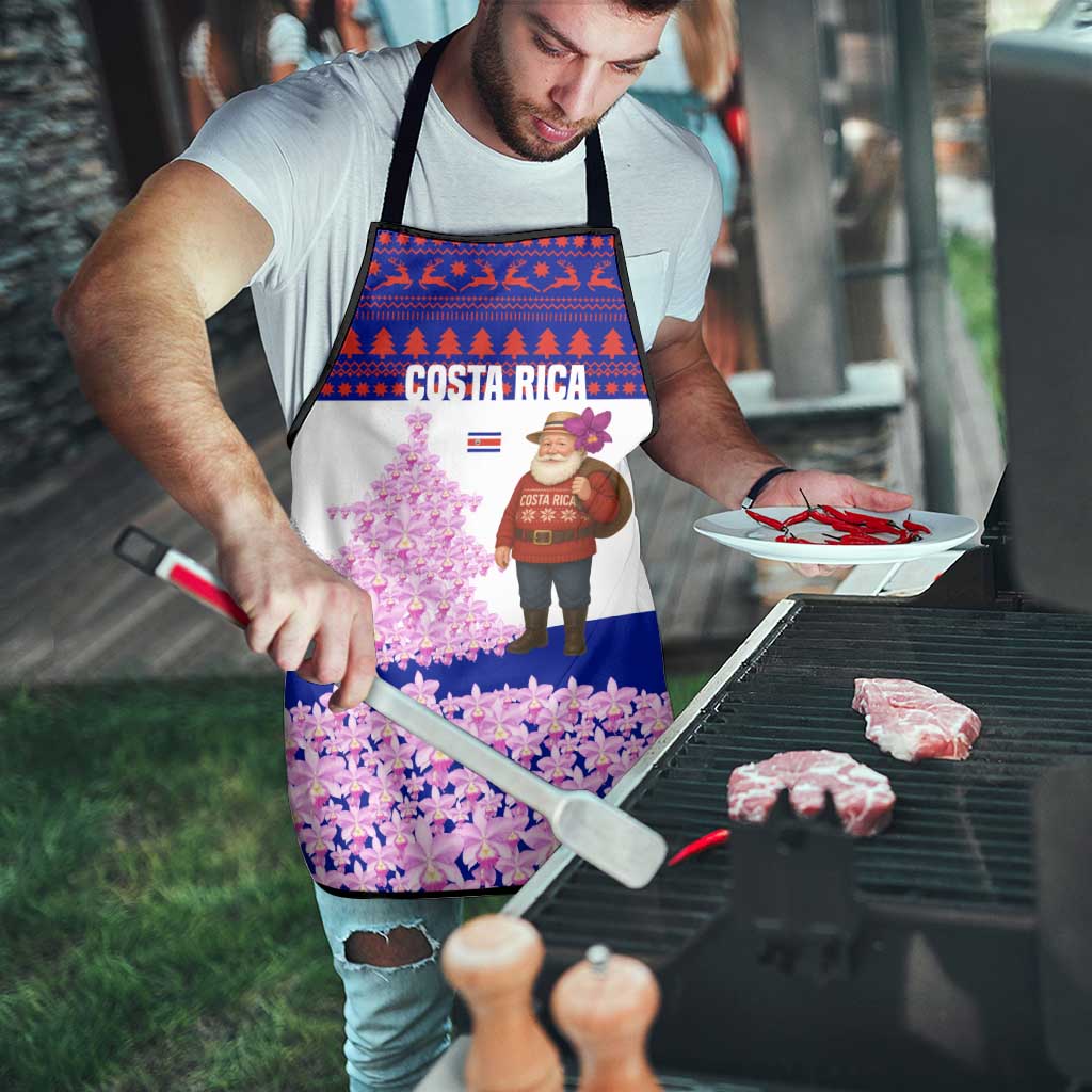 Costa Rica Christmas Apron with Santa Claus Pink Orchid Tree National Emblem and Festive Pattern Design - Wonder Print Shop