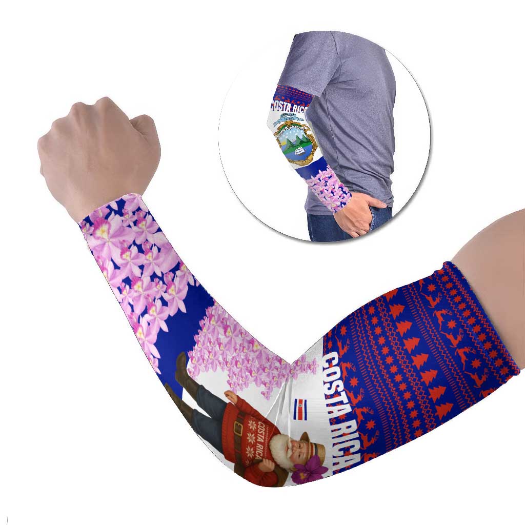 Costa Rica Christmas Arm Sleeves with Santa Claus Pink Orchid Tree National Emblem and Festive Pattern Design - Wonder Print Shop
