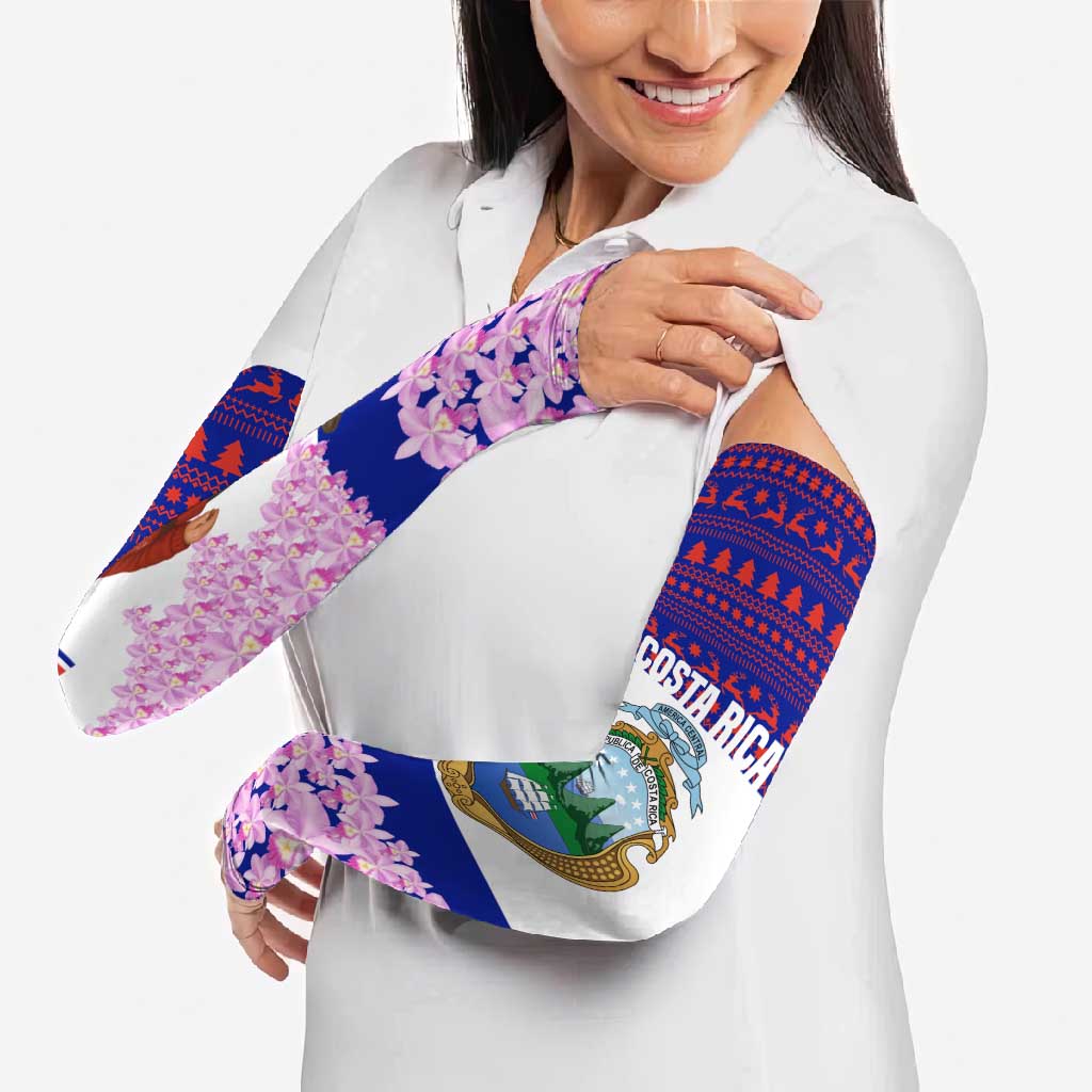 Costa Rica Christmas Arm Sleeves with Santa Claus Pink Orchid Tree National Emblem and Festive Pattern Design - Wonder Print Shop