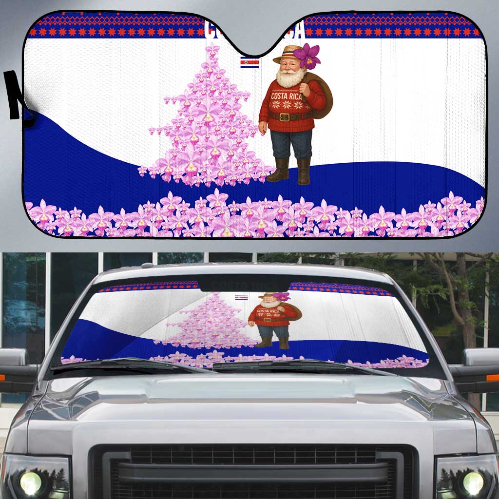 Costa Rica Christmas Auto Sun Shade with Santa Claus Pink Orchid Tree National Emblem and Festive Pattern Design - Wonder Print Shop