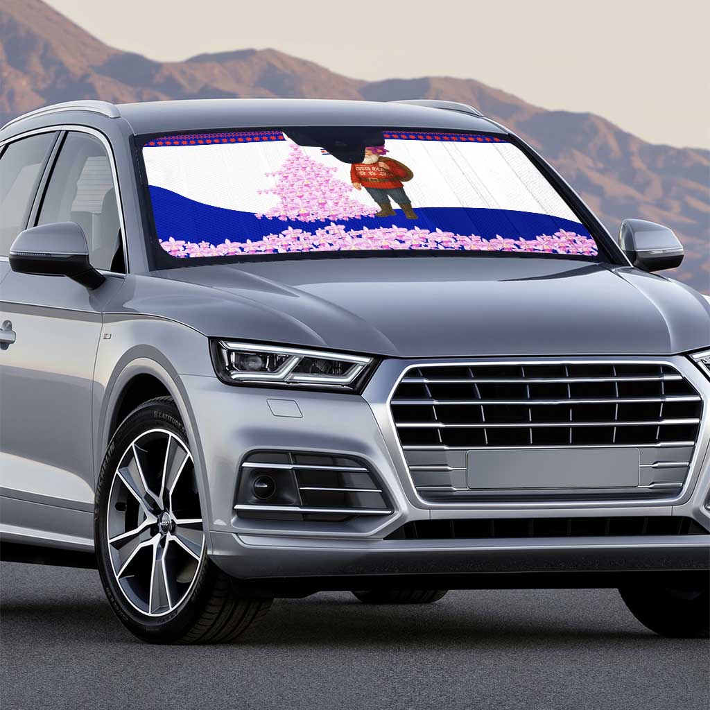 Costa Rica Christmas Auto Sun Shade with Santa Claus Pink Orchid Tree National Emblem and Festive Pattern Design - Wonder Print Shop