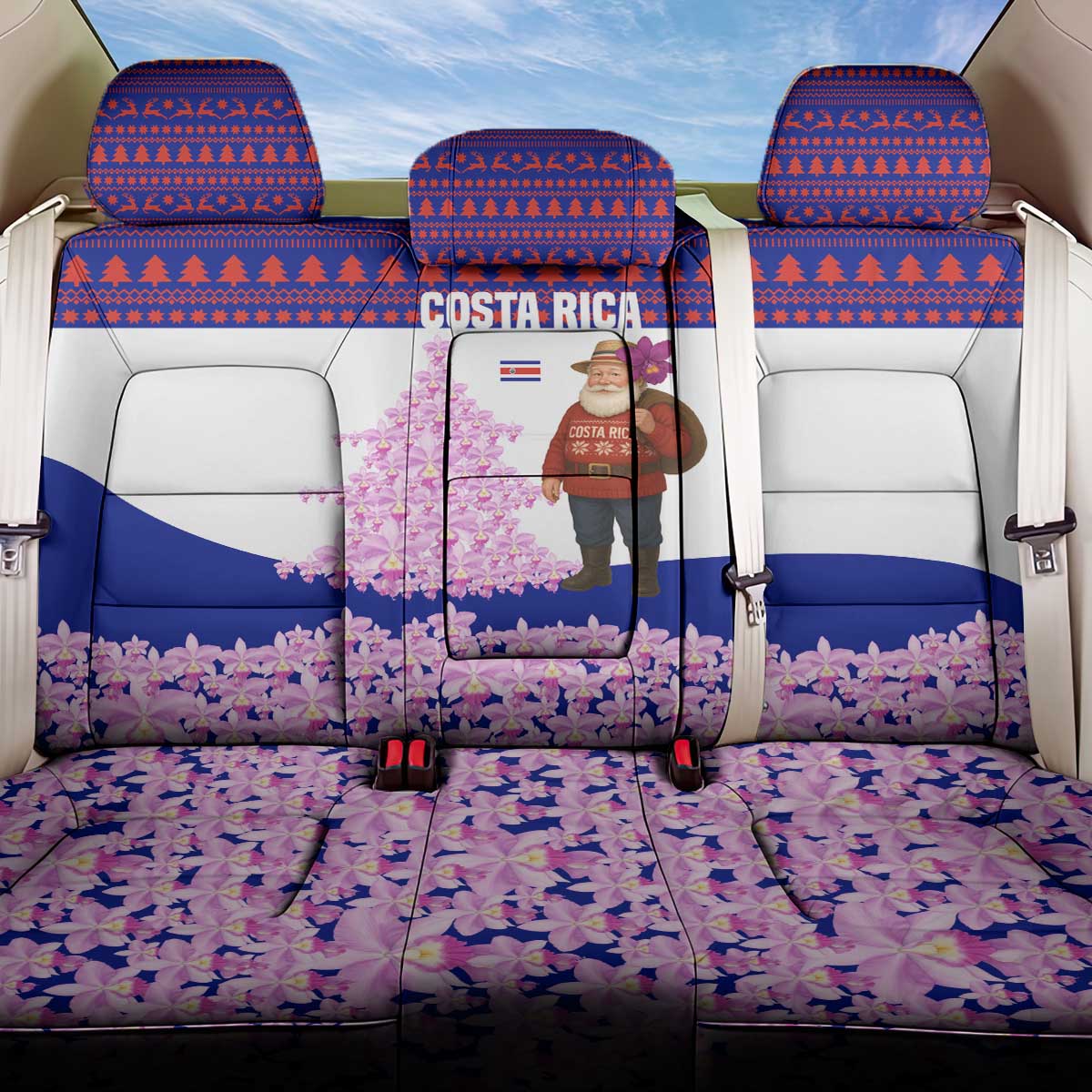 Costa Rica Christmas Back Car Seat Cover with Santa Claus Pink Orchid Tree National Emblem and Festive Pattern Design - Wonder Print Shop