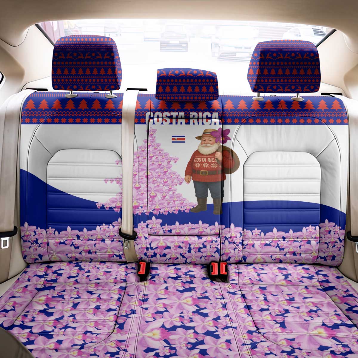 Costa Rica Christmas Back Car Seat Cover with Santa Claus Pink Orchid Tree National Emblem and Festive Pattern Design - Wonder Print Shop