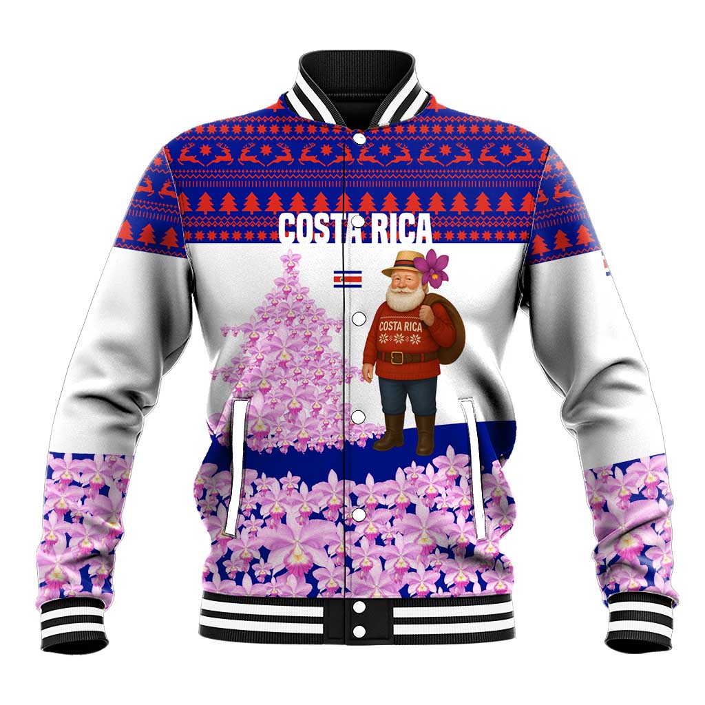 Costa Rica Christmas Baseball Jacket with Santa Claus Pink Orchid Tree National Emblem and Festive Pattern Design - Wonder Print Shop