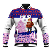 Costa Rica Christmas Baseball Jacket with Santa Claus Pink Orchid Tree National Emblem and Festive Pattern Design - Wonder Print Shop