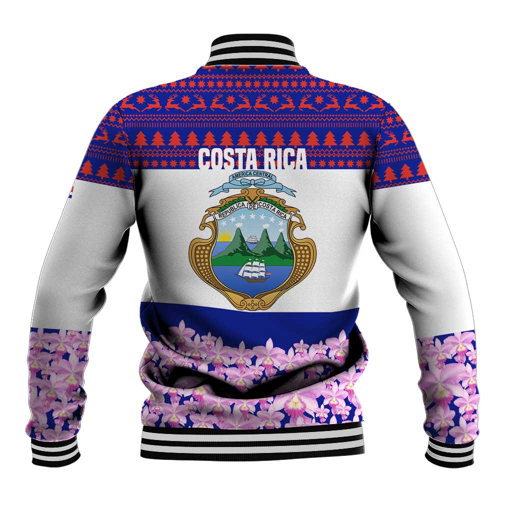 Costa Rica Christmas Baseball Jacket with Santa Claus Pink Orchid Tree National Emblem and Festive Pattern Design - Wonder Print Shop