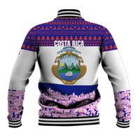 Costa Rica Christmas Baseball Jacket with Santa Claus Pink Orchid Tree National Emblem and Festive Pattern Design - Wonder Print Shop