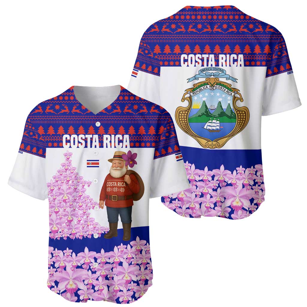 Costa Rica Christmas Baseball Jersey with Santa Claus Pink Orchid Tree National Emblem and Festive Pattern Design - Wonder Print Shop