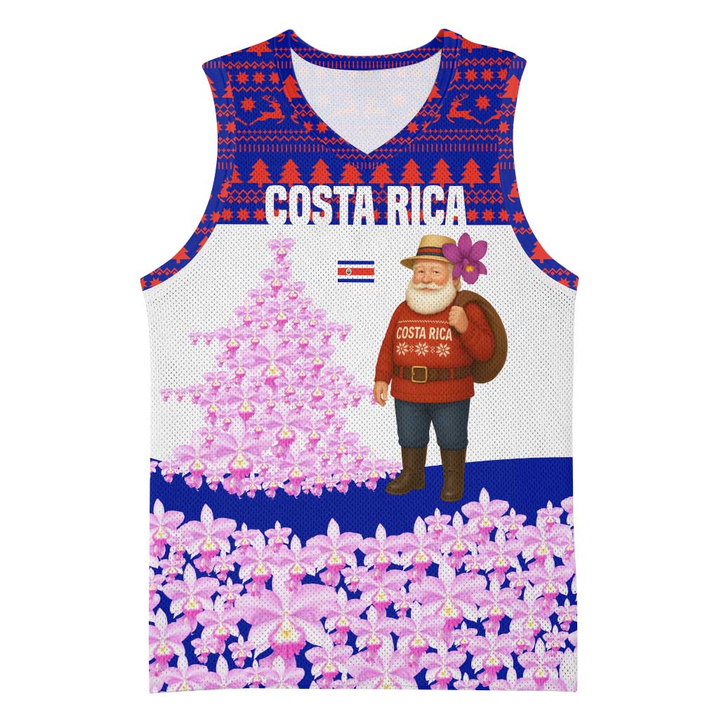 Costa Rica Christmas Basketball Jersey with Santa Claus Pink Orchid Tree National Emblem and Festive Pattern Design - Wonder Print Shop