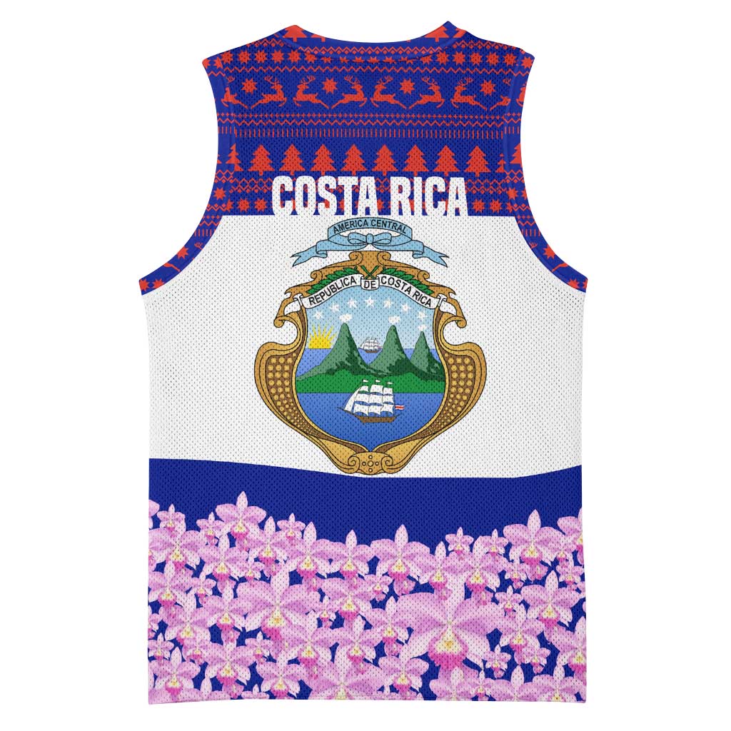 Costa Rica Christmas Basketball Jersey with Santa Claus Pink Orchid Tree National Emblem and Festive Pattern Design - Wonder Print Shop