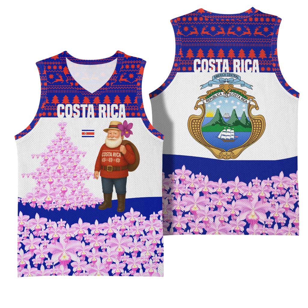 Costa Rica Christmas Basketball Jersey with Santa Claus Pink Orchid Tree National Emblem and Festive Pattern Design - Wonder Print Shop