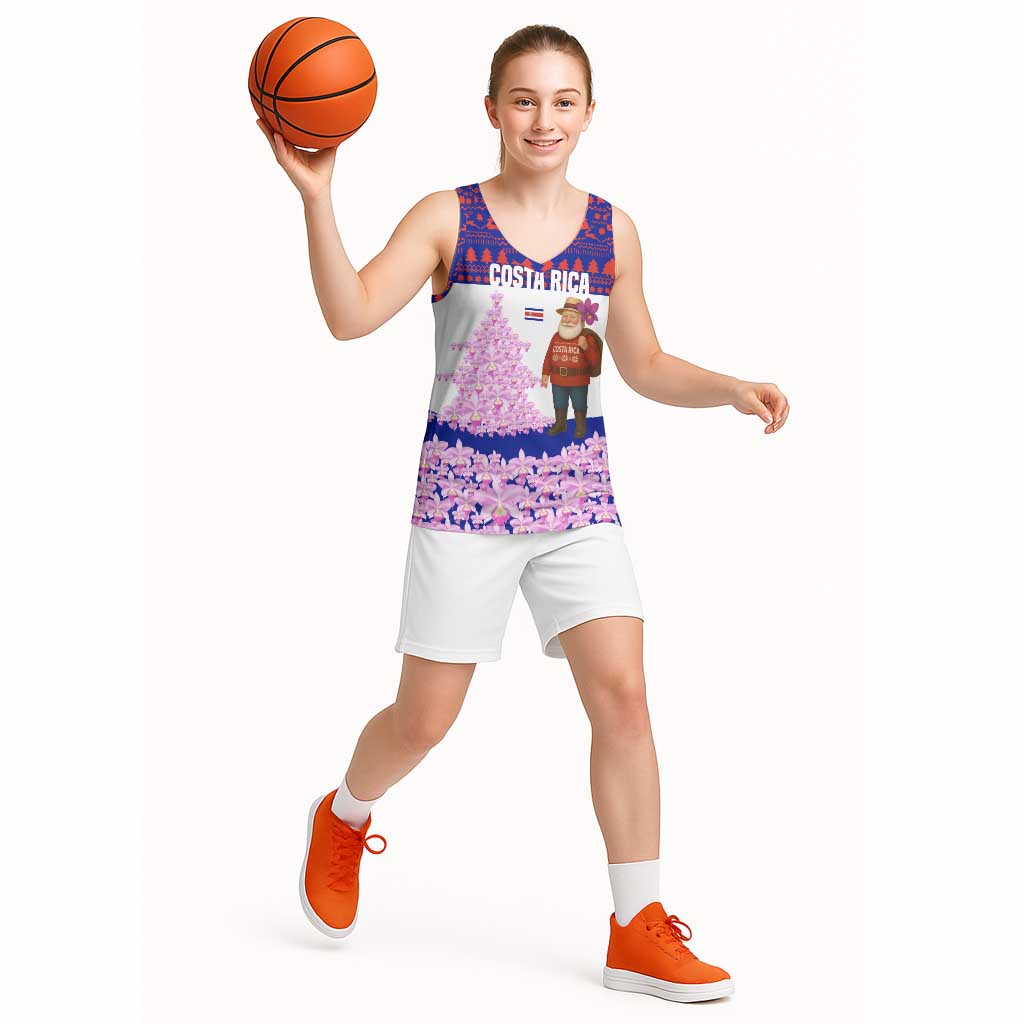 Costa Rica Christmas Basketball Jersey with Santa Claus Pink Orchid Tree National Emblem and Festive Pattern Design - Wonder Print Shop