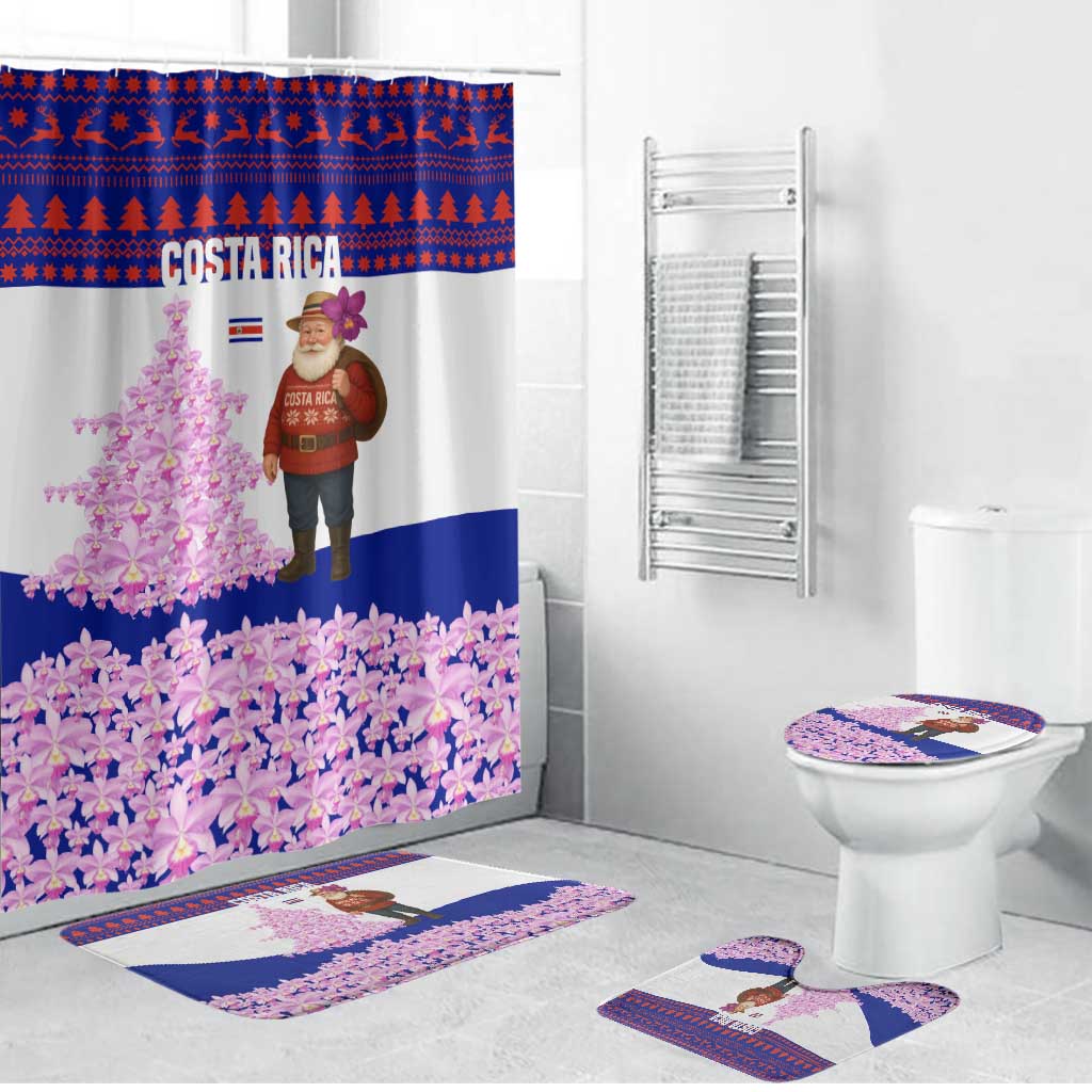 Costa Rica Christmas Bathroom Set with Santa Claus Pink Orchid Tree National Emblem and Festive Pattern Design - Wonder Print Shop