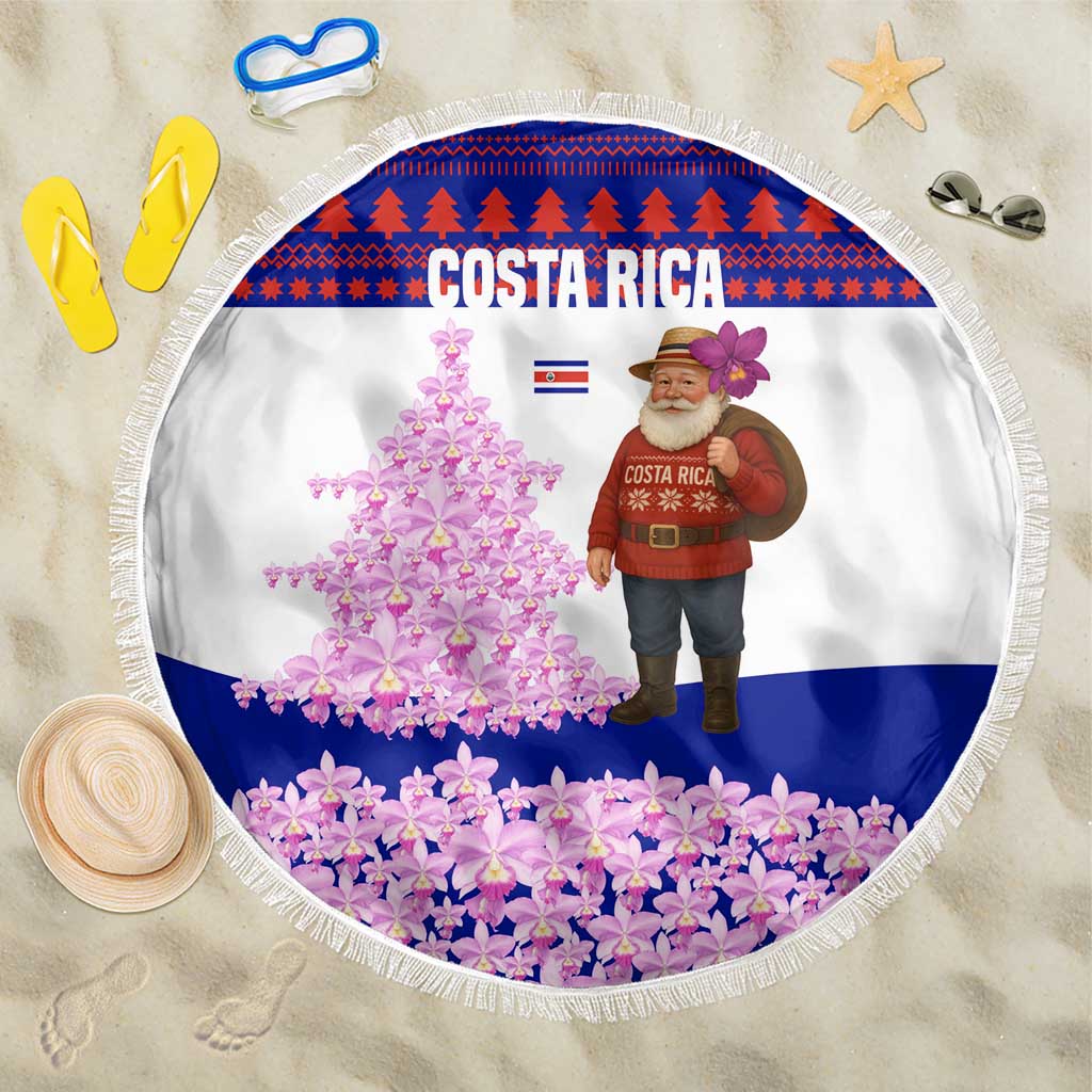 Costa Rica Christmas Beach Blanket with Santa Claus Pink Orchid Tree National Emblem and Festive Pattern Design - Wonder Print Shop