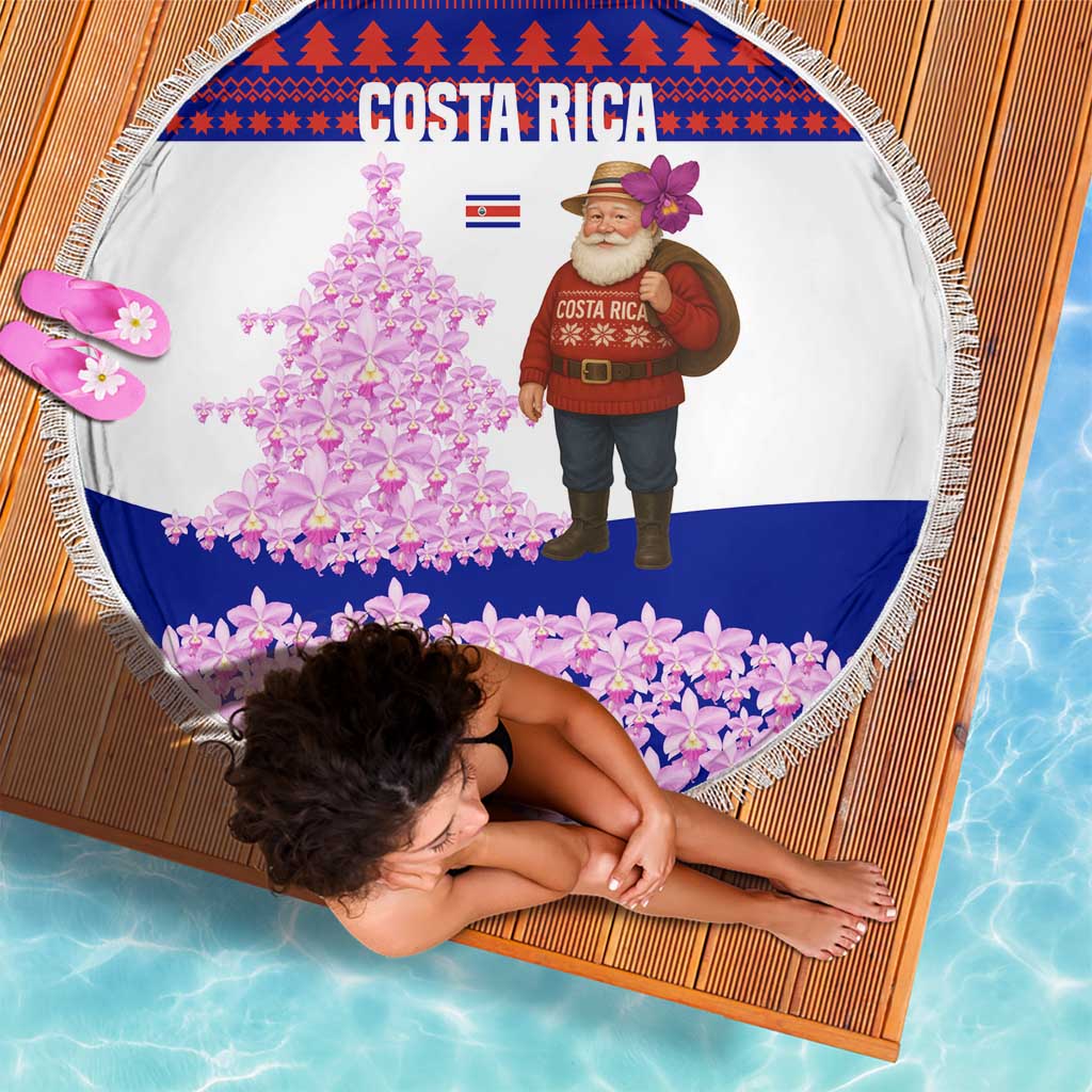 Costa Rica Christmas Beach Blanket with Santa Claus Pink Orchid Tree National Emblem and Festive Pattern Design - Wonder Print Shop