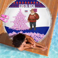 Costa Rica Christmas Beach Blanket with Santa Claus Pink Orchid Tree National Emblem and Festive Pattern Design - Wonder Print Shop