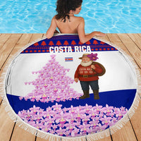 Costa Rica Christmas Beach Blanket with Santa Claus Pink Orchid Tree National Emblem and Festive Pattern Design - Wonder Print Shop