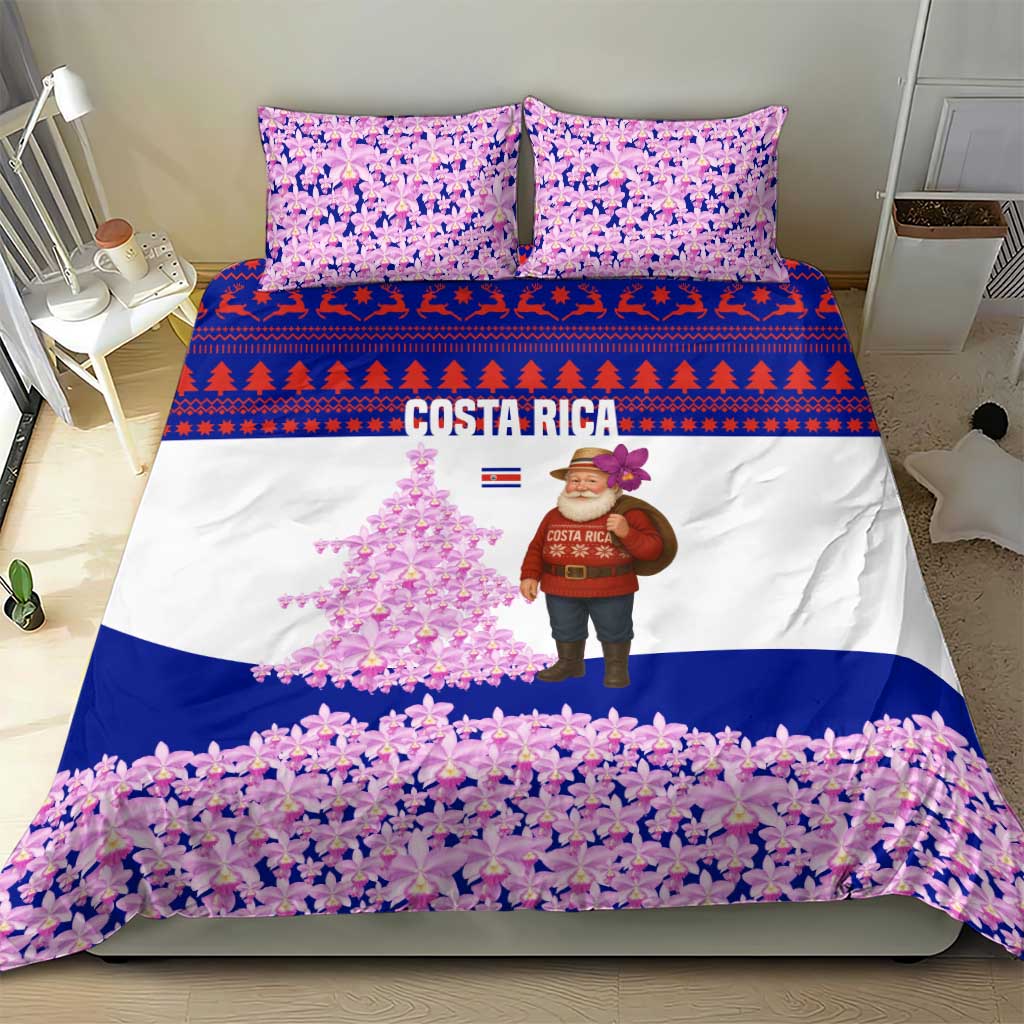 Costa Rica Christmas Bedding Set with Santa Claus Pink Orchid Tree National Emblem and Festive Pattern Design - Wonder Print Shop