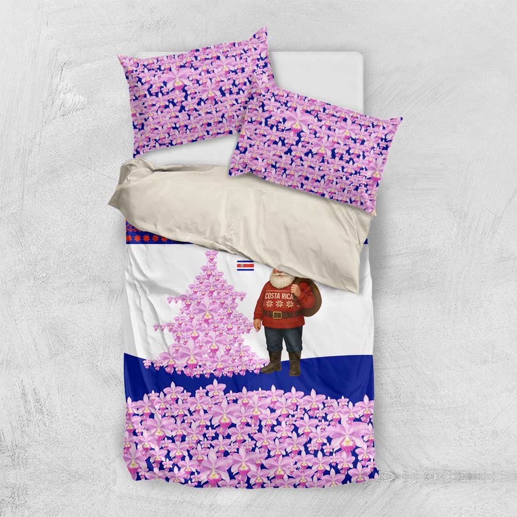 Costa Rica Christmas Bedding Set with Santa Claus Pink Orchid Tree National Emblem and Festive Pattern Design - Wonder Print Shop