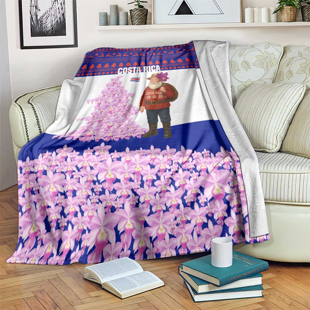 Costa Rica Christmas Blanket with Santa Claus Pink Orchid Tree National Emblem and Festive Pattern Design - Wonder Print Shop