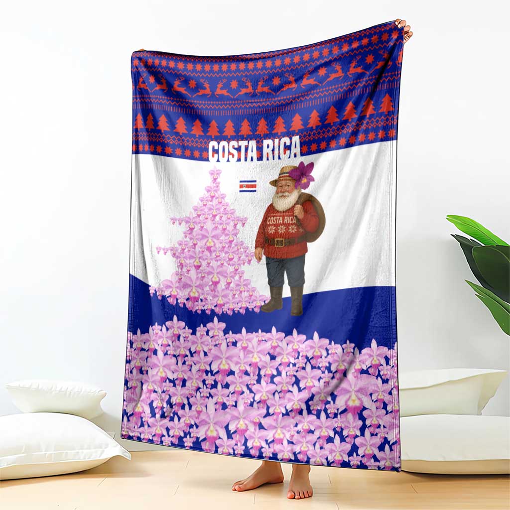 Costa Rica Christmas Blanket with Santa Claus Pink Orchid Tree National Emblem and Festive Pattern Design - Wonder Print Shop