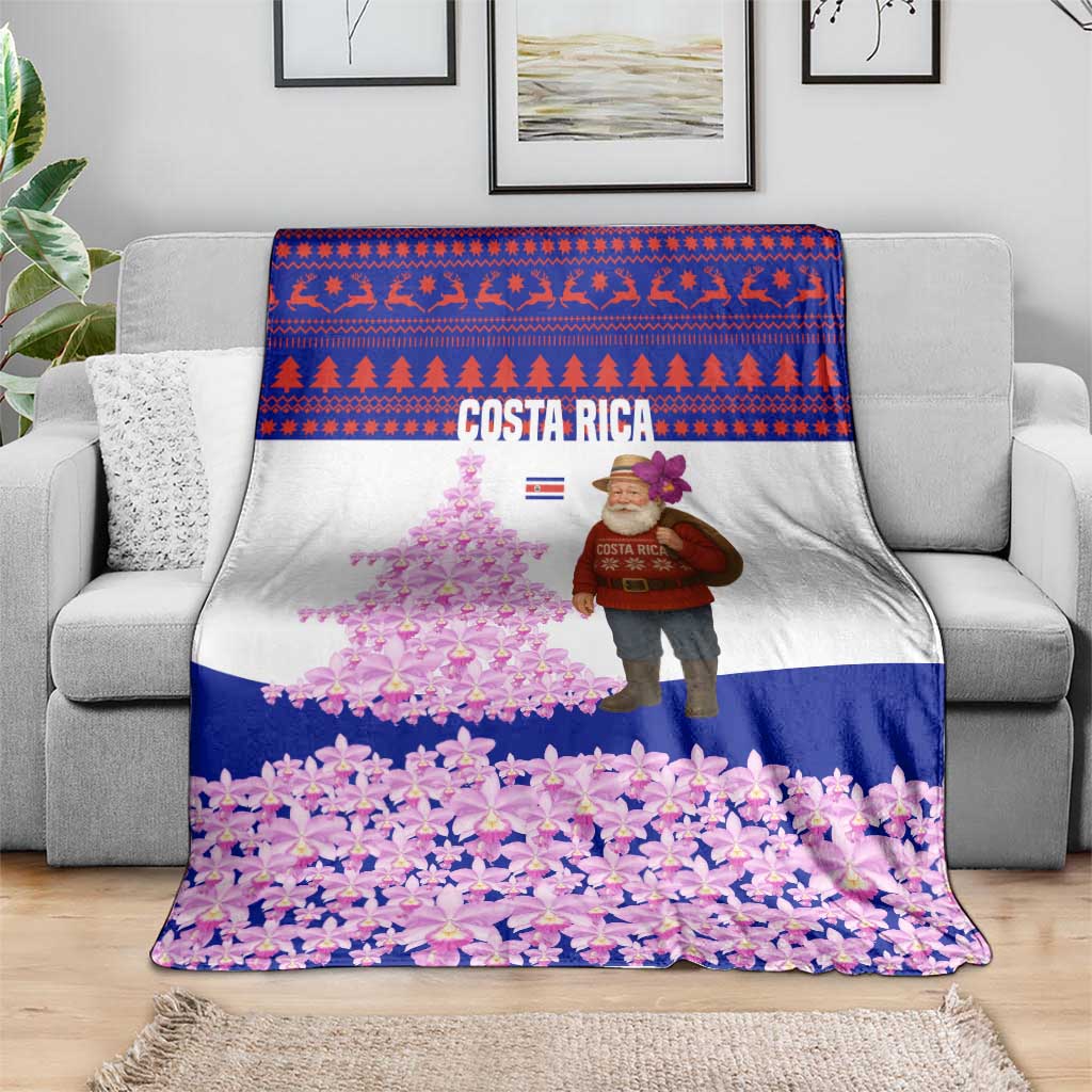 Costa Rica Christmas Blanket with Santa Claus Pink Orchid Tree National Emblem and Festive Pattern Design - Wonder Print Shop
