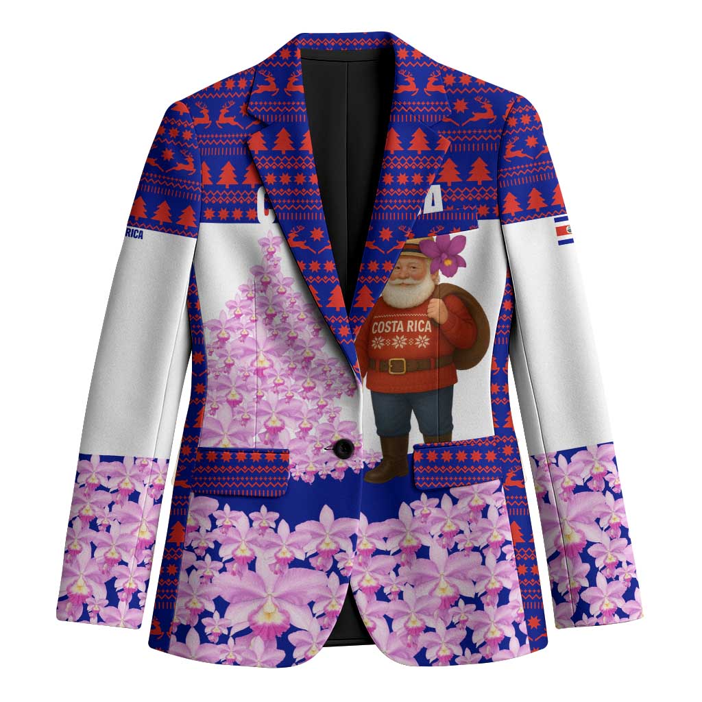 Costa Rica Christmas Blazer with Santa Claus Pink Orchid Tree National Emblem and Festive Pattern Design - Wonder Print Shop