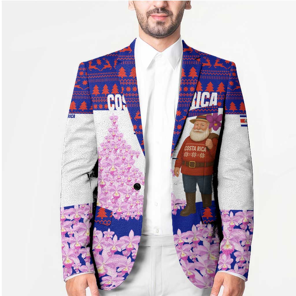 Costa Rica Christmas Blazer with Santa Claus Pink Orchid Tree National Emblem and Festive Pattern Design - Wonder Print Shop