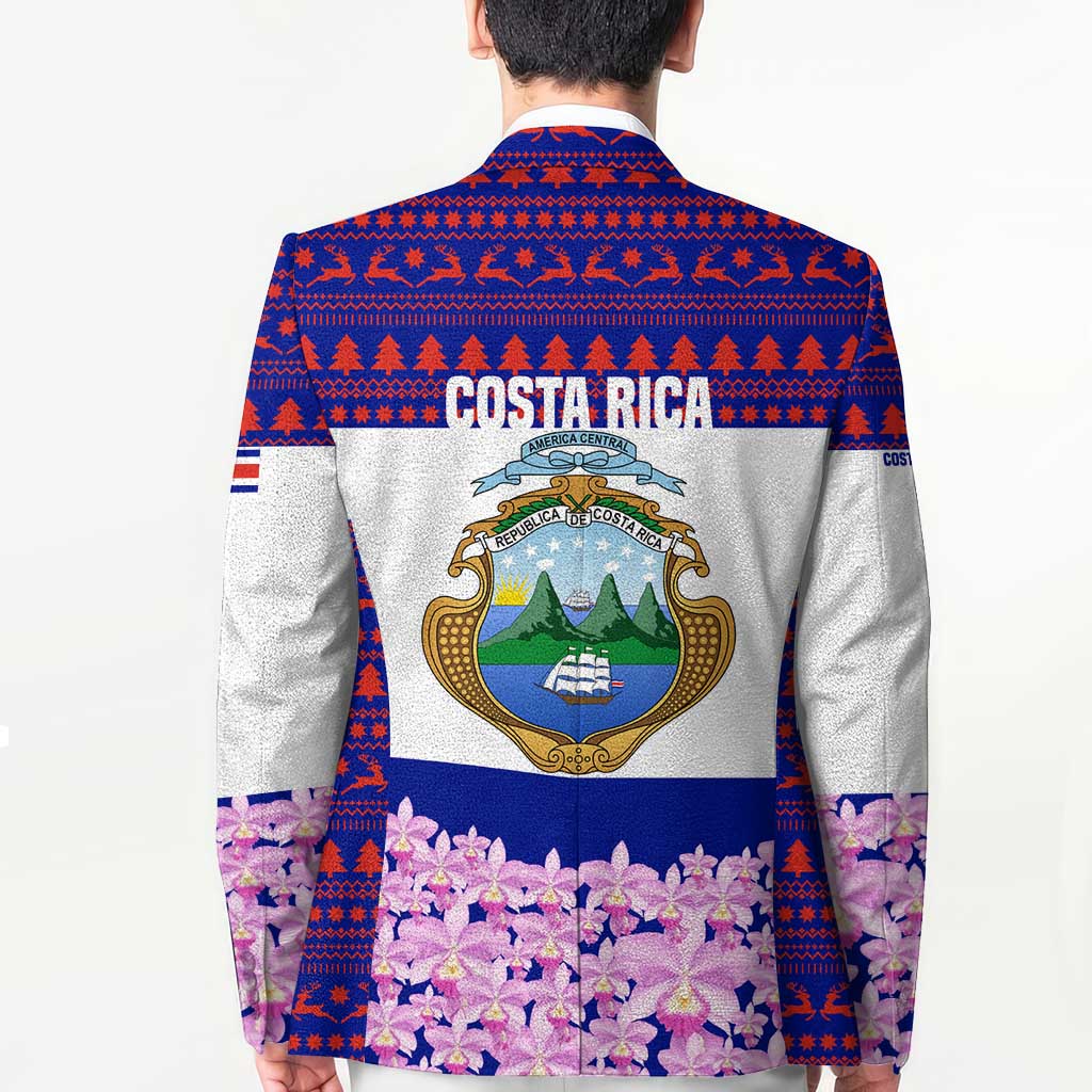 Costa Rica Christmas Blazer with Santa Claus Pink Orchid Tree National Emblem and Festive Pattern Design - Wonder Print Shop