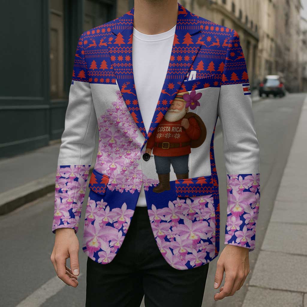Costa Rica Christmas Blazer with Santa Claus Pink Orchid Tree National Emblem and Festive Pattern Design - Wonder Print Shop
