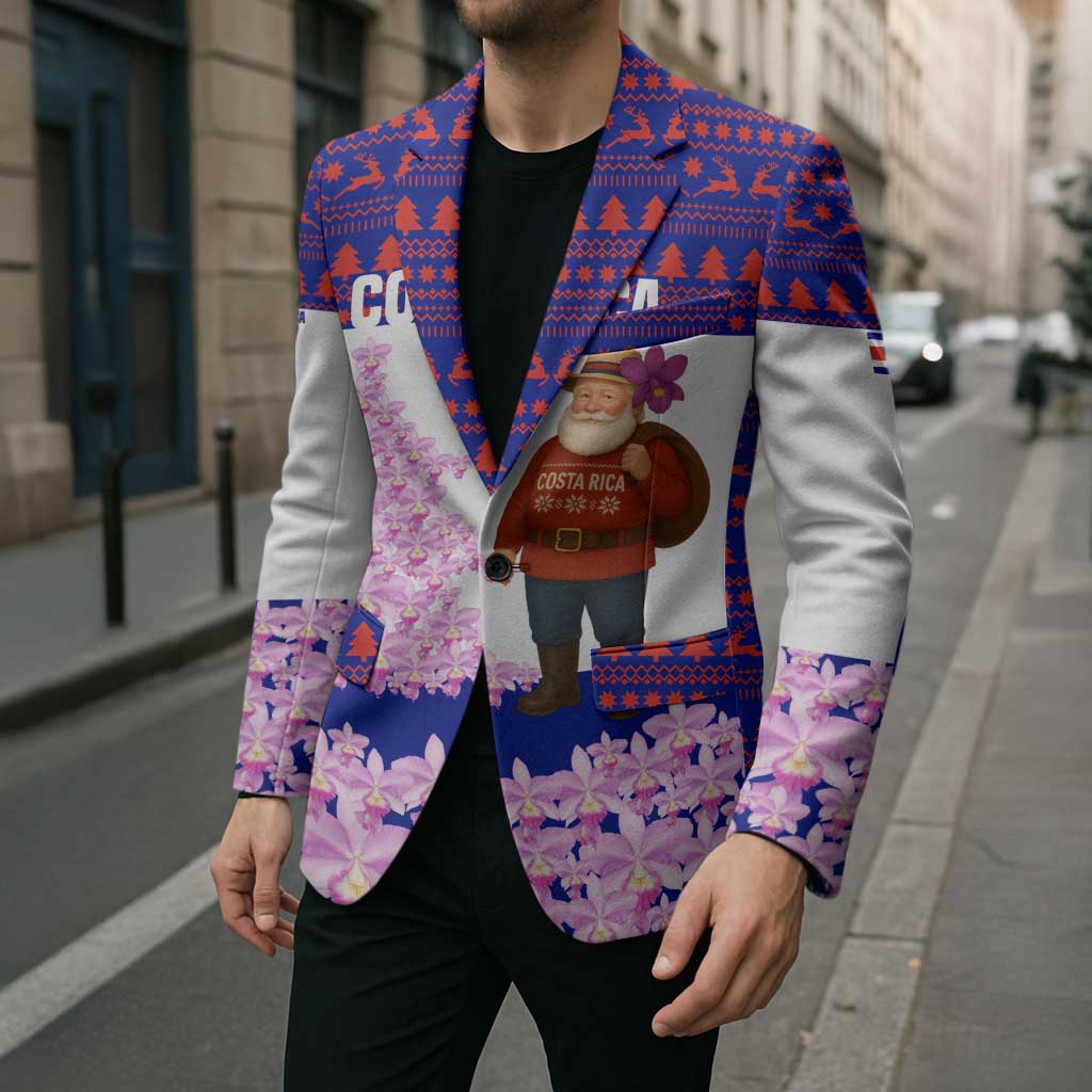 Costa Rica Christmas Blazer with Santa Claus Pink Orchid Tree National Emblem and Festive Pattern Design - Wonder Print Shop