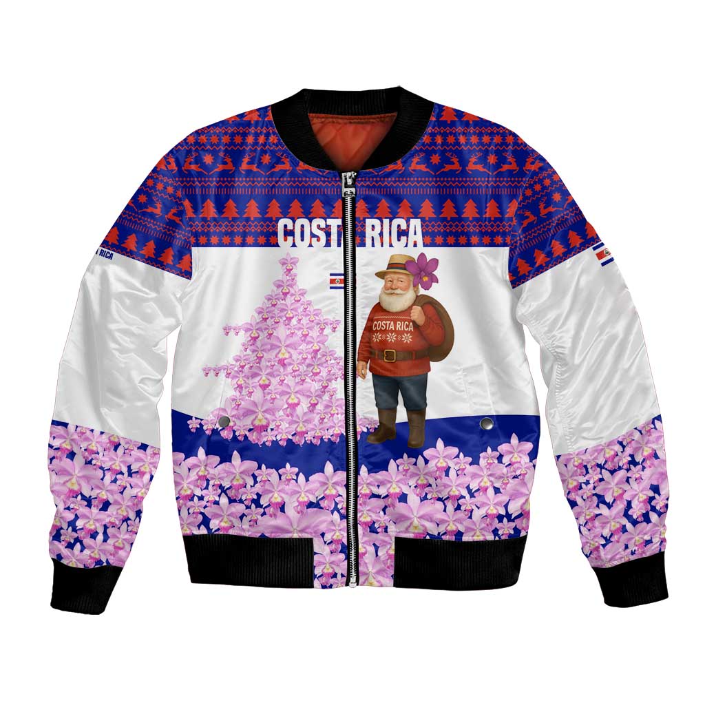 Costa Rica Christmas Bomber Jacket with Santa Claus Pink Orchid Tree National Emblem and Festive Pattern Design - Wonder Print Shop