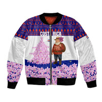 Costa Rica Christmas Bomber Jacket with Santa Claus Pink Orchid Tree National Emblem and Festive Pattern Design - Wonder Print Shop