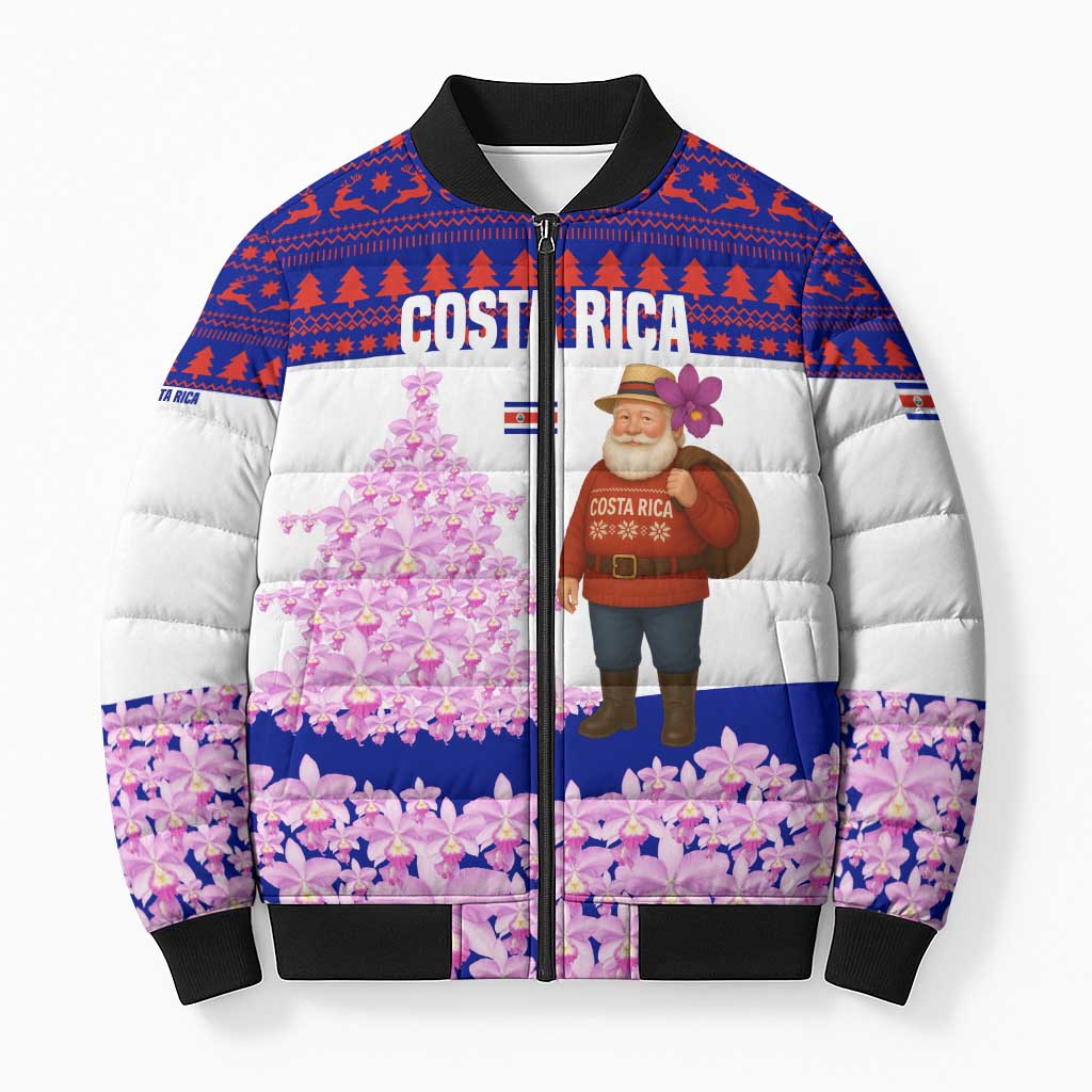 Costa Rica Christmas Bomber Puffer Jacket with Santa Claus Pink Orchid Tree National Emblem and Festive Pattern Design - Wonder Print Shop
