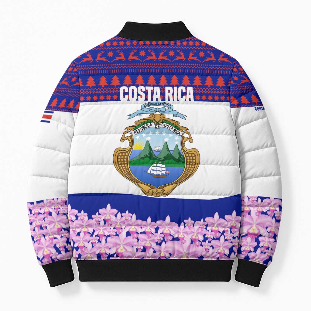 Costa Rica Christmas Bomber Puffer Jacket with Santa Claus Pink Orchid Tree National Emblem and Festive Pattern Design - Wonder Print Shop
