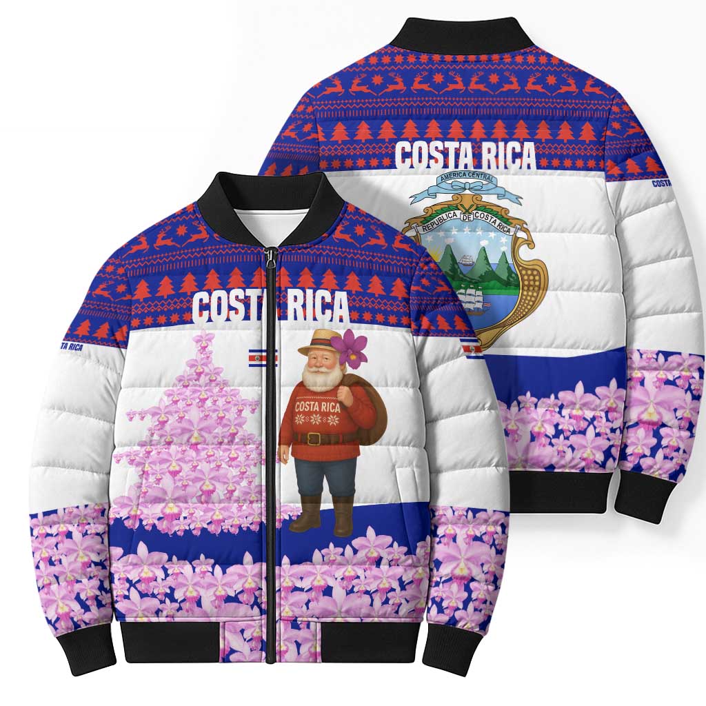 Costa Rica Christmas Bomber Puffer Jacket with Santa Claus Pink Orchid Tree National Emblem and Festive Pattern Design - Wonder Print Shop