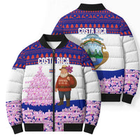 Costa Rica Christmas Bomber Puffer Jacket with Santa Claus Pink Orchid Tree National Emblem and Festive Pattern Design - Wonder Print Shop