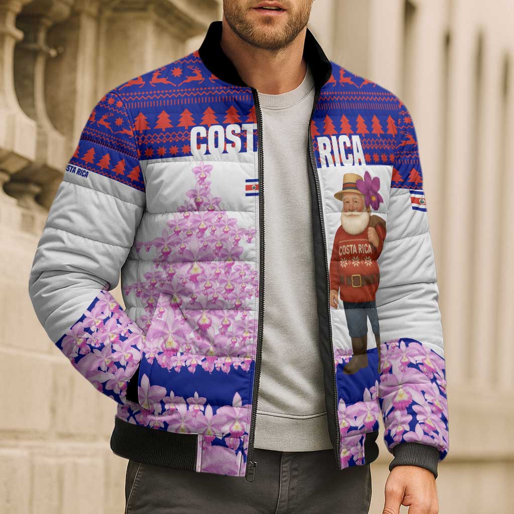 Costa Rica Christmas Bomber Puffer Jacket with Santa Claus Pink Orchid Tree National Emblem and Festive Pattern Design - Wonder Print Shop