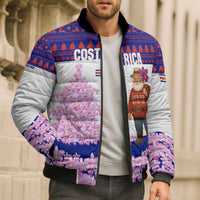 Costa Rica Christmas Bomber Puffer Jacket with Santa Claus Pink Orchid Tree National Emblem and Festive Pattern Design - Wonder Print Shop