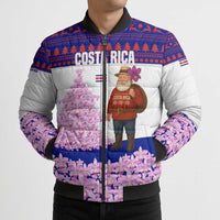 Costa Rica Christmas Bomber Puffer Jacket with Santa Claus Pink Orchid Tree National Emblem and Festive Pattern Design - Wonder Print Shop