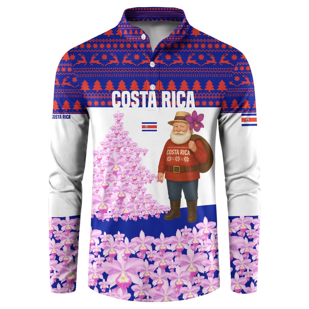 Costa Rica Christmas Button Sweatshirt with Santa Claus Pink Orchid Tree National Emblem and Festive Pattern Design - Wonder Print Shop