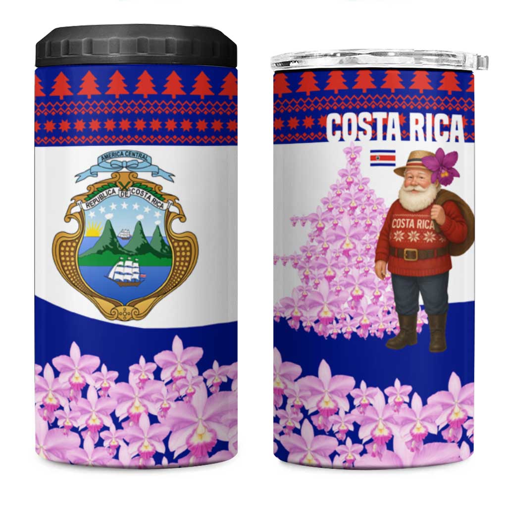 Costa Rica Christmas 4 in 1 Can Cooler Tumbler with Santa Claus Pink Orchid Tree National Emblem and Festive Pattern Design - Wonder Print Shop