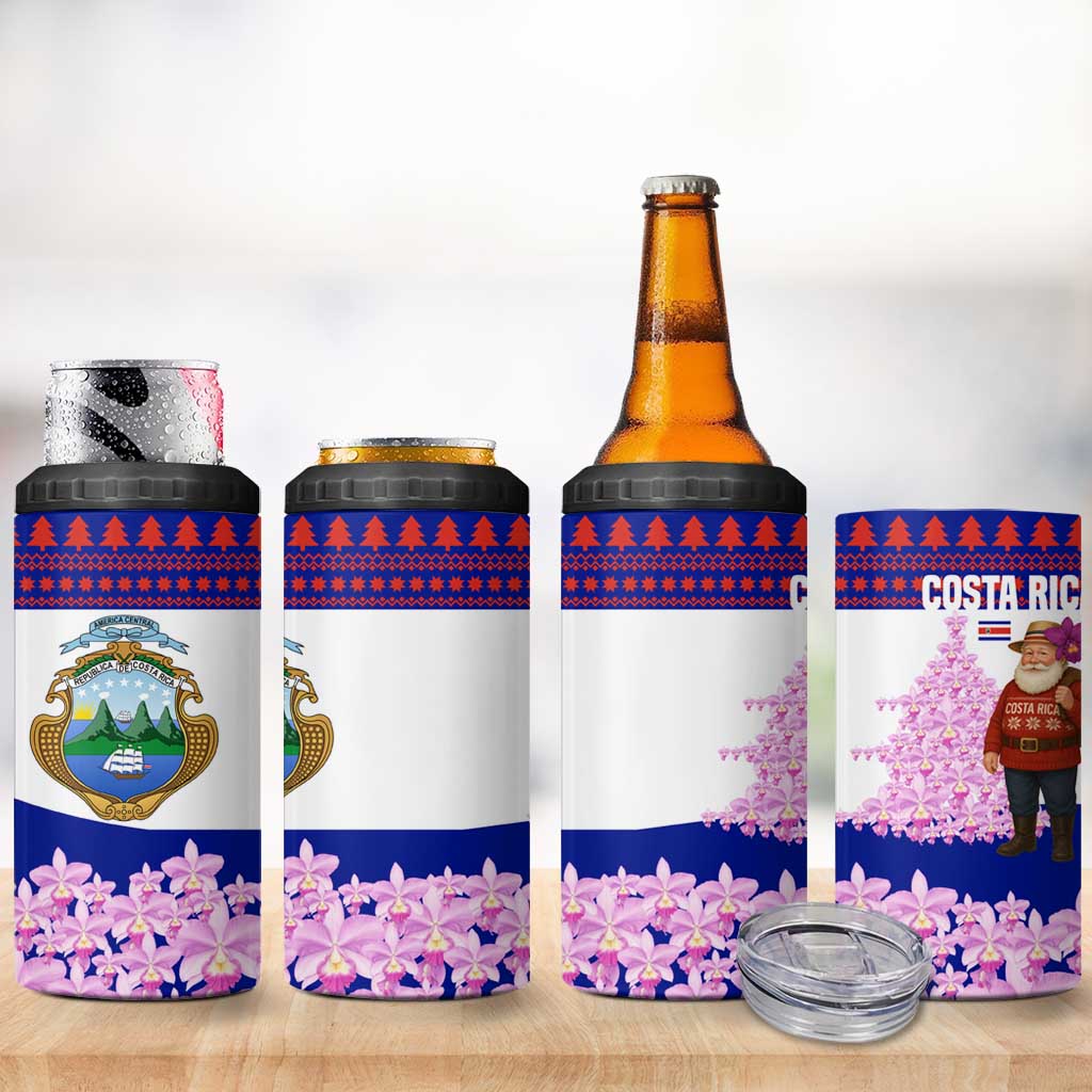 Costa Rica Christmas 4 in 1 Can Cooler Tumbler with Santa Claus Pink Orchid Tree National Emblem and Festive Pattern Design - Wonder Print Shop