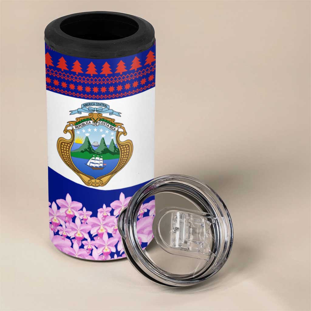 Costa Rica Christmas 4 in 1 Can Cooler Tumbler with Santa Claus Pink Orchid Tree National Emblem and Festive Pattern Design - Wonder Print Shop